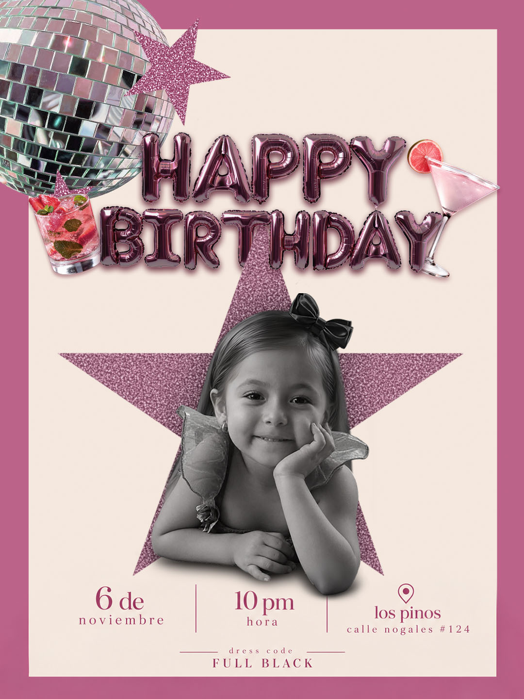 Invitación de cumpleaños: 6 de noviembre, 10 pm, Los Pinos, calle Nogales #124. Dress code: full black.